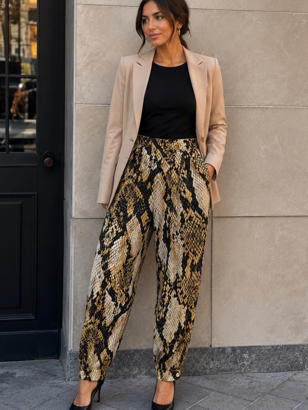 Zara Black & Beige Snake-Print Tapered Pants